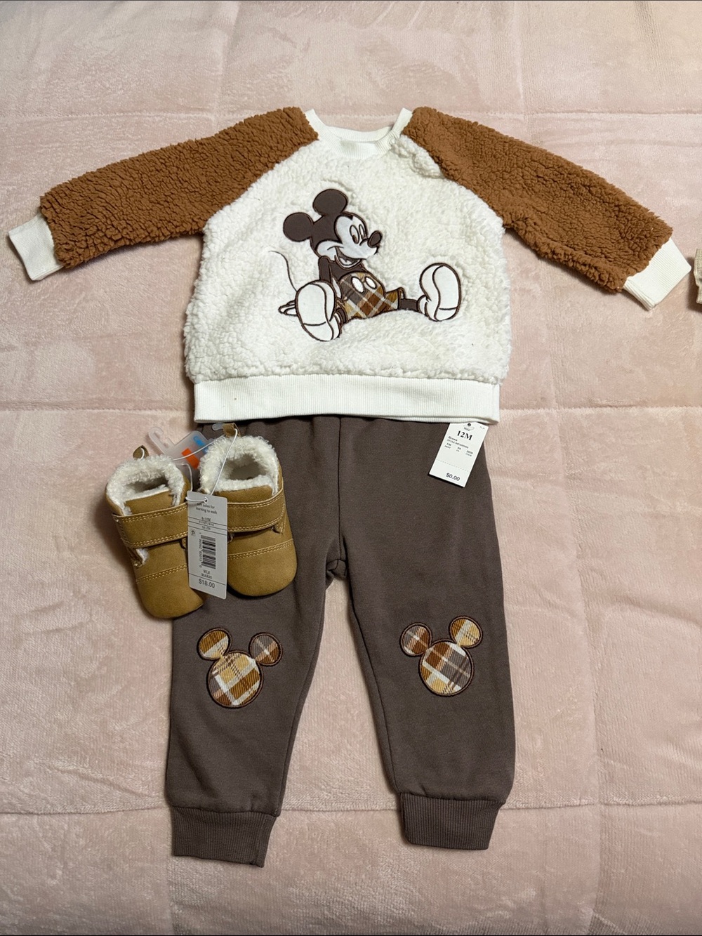 Disney Mickey Sherpa Top & Plaid Jogger Set and Carter’s soft sole boots.